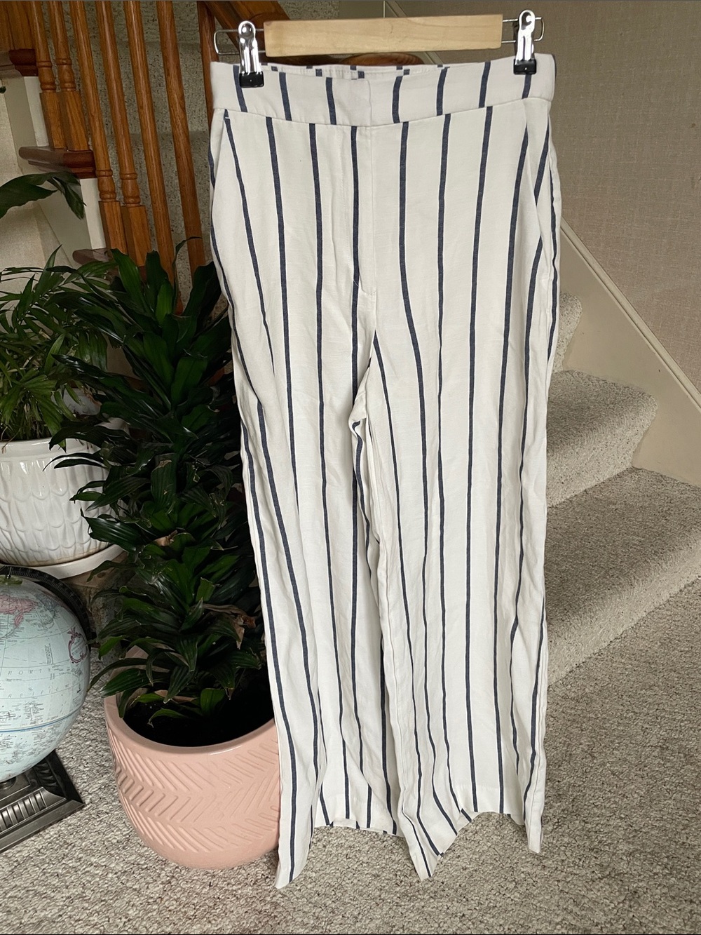 H&M Coastal Wide Leg White Summer Pants with Navy Stripes 4